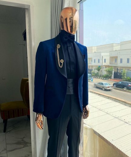A Navy Blue velvet dinner shawl lapel tuxedo suit