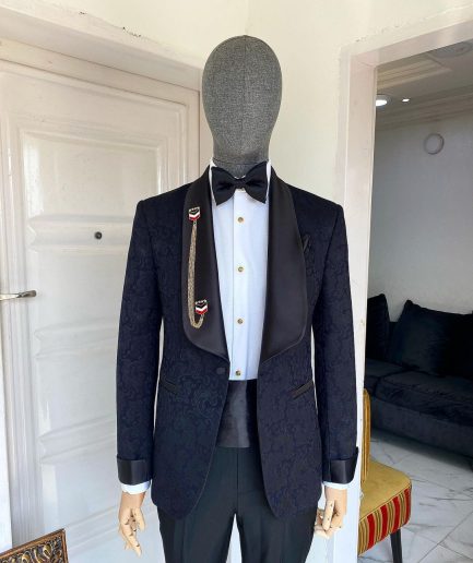 A Charcoal Black Floral Shawl Lapel Tuxedo Suit