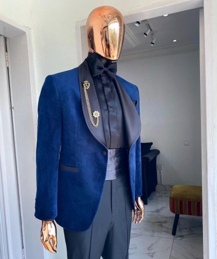 A Navy Blue velvet dinner shawl lapel tuxedo suit