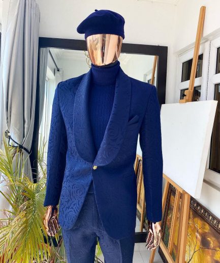 A Monochrome Blue Jacquard Tuxedo Suit