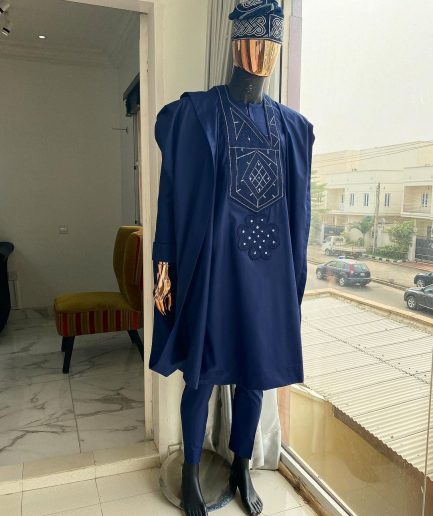 A Navy Blue With Connected Embroidery Agbada
