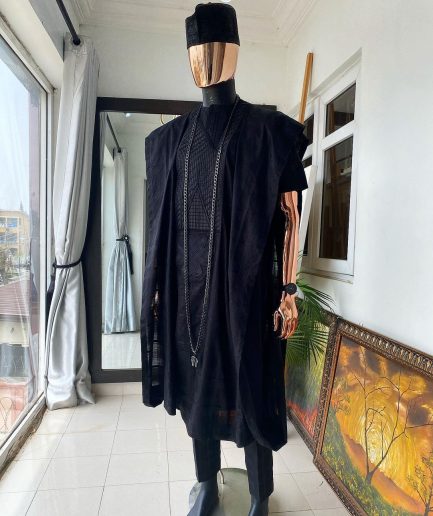 A Monochrome Charcoal black Voil connected embroidery Agbada