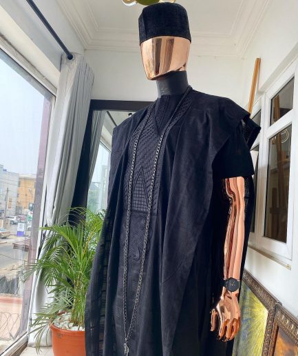 A Monochrome Charcoal black Voil connected embroidery Agbada