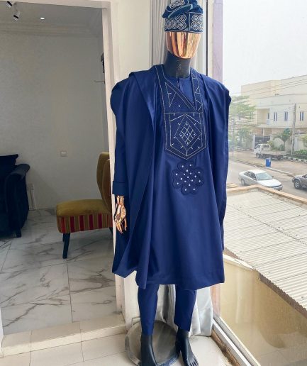 A Navy Blue With Connected Embroidery Agbada