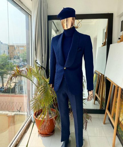 A Monochrome Blue Jacquard Tuxedo Suit