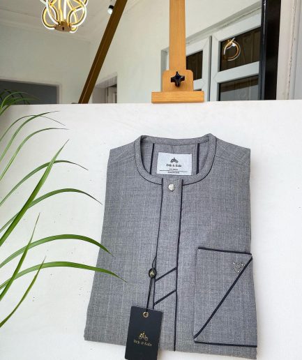 A light grey stripe front flap with a Swarovski stone button African Kaftan