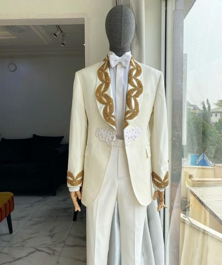 A “Vegas” Monochrome Ivory White Shawl Lapel Tuxedo Suit