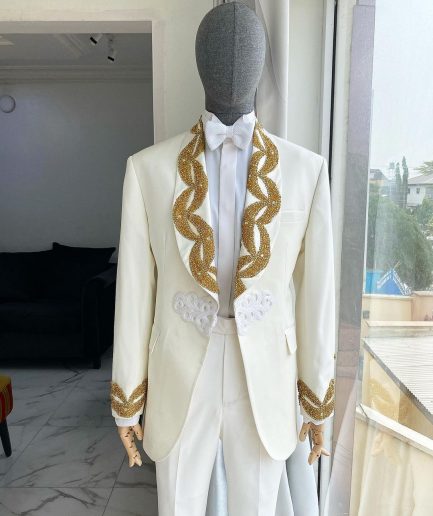 A “Vegas” Monochrome Ivory White Shawl Lapel Tuxedo Suit