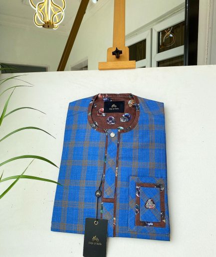 A Skye blue and light mustard yellow windowpane check Senator Kaftan