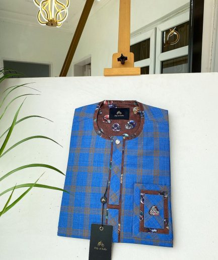 A Skye blue and light mustard yellow windowpane check Senator Kaftan
