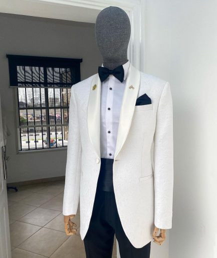 A “Classic” Ivory White Floral Jacquard Shawl Lapel Tuxedo Suit.