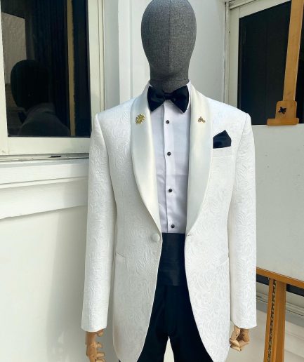 A “Classic” Ivory White Floral Jacquard Shawl Lapel Tuxedo Suit.