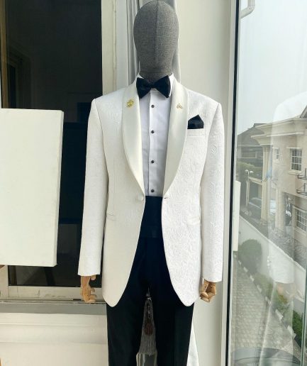 A “Classic” Ivory White Floral Jacquard Shawl Lapel Tuxedo Suit.