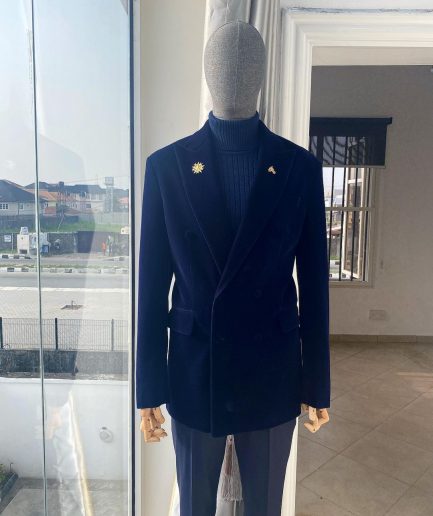 A Navy Blue peak lapel double breasted soaked Italian velvet tuxedo suit