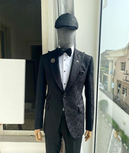 A Charcoal Black reloaded “peaky blinders” floral jacquard peak lapel suit.
