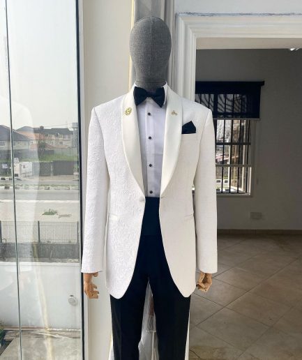 A “Classic” Ivory White Floral Jacquard Shawl Lapel Tuxedo Suit.