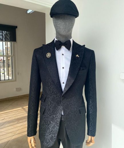 A Charcoal Black reloaded “peaky blinders” floral jacquard peak lapel suit.