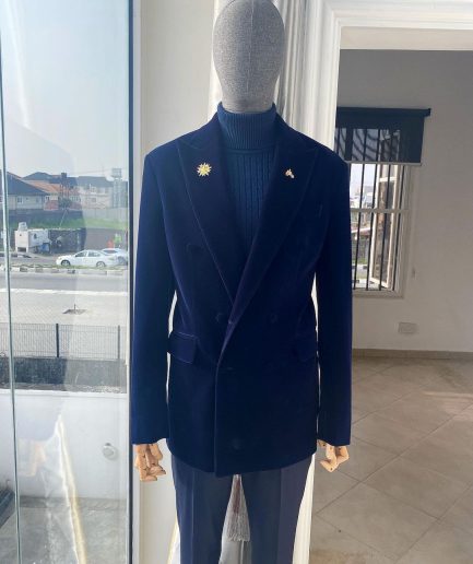 A Navy Blue peak lapel double breasted soaked Italian velvet tuxedo suit