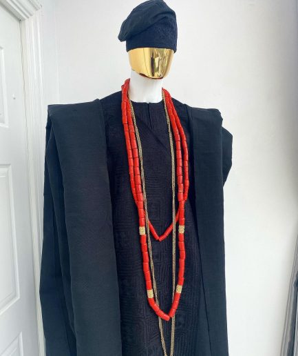 A charcoal black aso oke agbada with box patter embroidery design