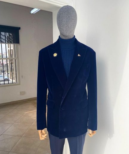 A Navy Blue peak lapel double breasted soaked Italian velvet tuxedo suit