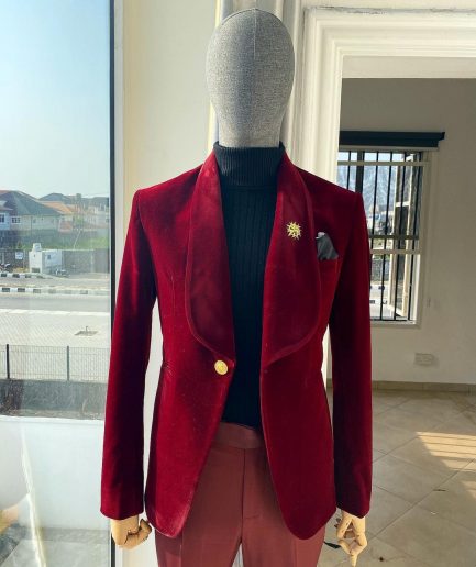 A Burgundy Shawl Lapel Soaked Velvet Tuxedo Suit