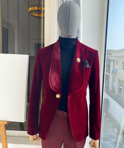 A Burgundy Shawl Lapel Soaked Velvet Tuxedo Suit