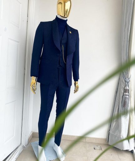 A Midnight Blue Shawl Lapel Floral Jacquard Tuxedo Suit
