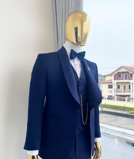 A Midnight Blue Shawl Lapel Floral Jacquard Tuxedo Suit