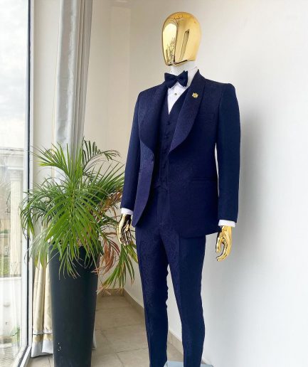 A Midnight Blue Shawl Lapel Floral Jacquard Tuxedo Suit