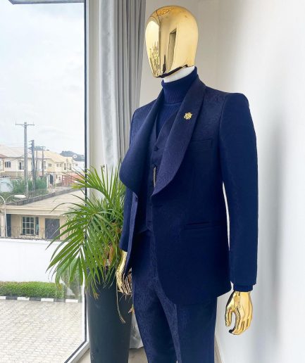 A Midnight Blue Shawl Lapel Floral Jacquard Tuxedo Suit