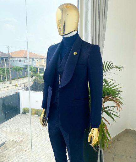 A Midnight Blue Shawl Lapel Floral Jacquard Tuxedo Suit