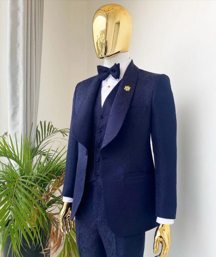 A Midnight Blue Shawl Lapel Floral Jacquard Tuxedo Suit
