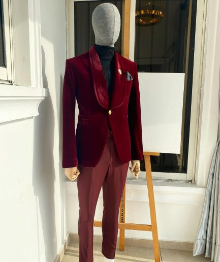 A Burgundy Shawl Lapel Soaked Velvet Tuxedo Suit