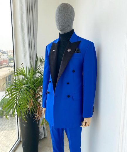 A Royal Blue Peak Double Breasted Velvet Lapel Suit
