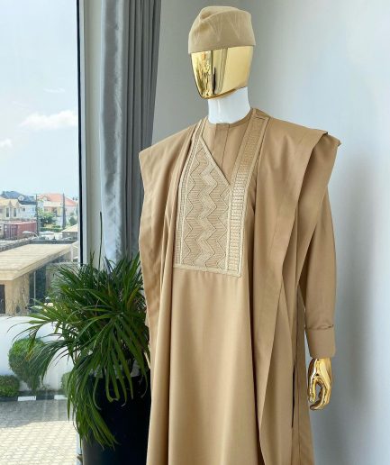 A Light Brown with Zig Zag embroidery design Agbada long sleeve senator kaftan, matching Awolowo style wool hat and sokoto