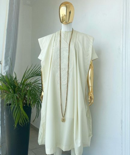 A cream African Agbada with interwoven embroidery design, short sleeve senator kaftan and sokoto