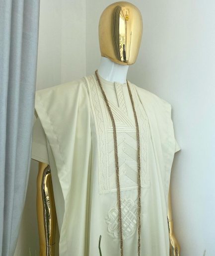 A cream African Agbada with interwoven embroidery design, short sleeve senator kaftan and sokoto