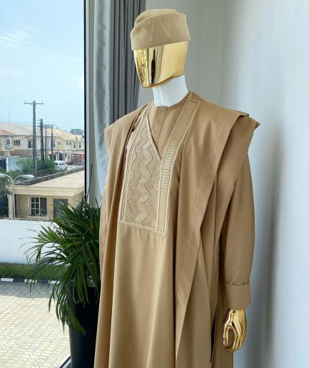 A Light Brown with Zig Zag embroidery design Agbada long sleeve senator kaftan, matching Awolowo style wool hat and sokoto