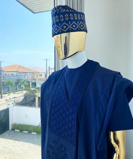 A Navy Blue Voil agbada with dotted lines embroidery design, kaftan and sokoto
