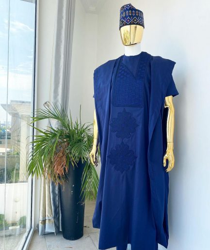 A Navy Blue Voil agbada with dotted lines embroidery design, kaftan and sokoto