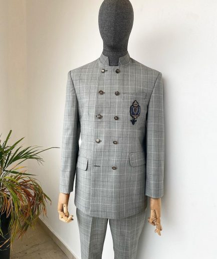 A Reloaded Windowpane check grey “French” safari double breasted suit