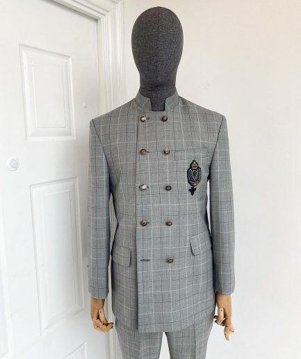A Reloaded Windowpane check grey “French” safari double breasted suit