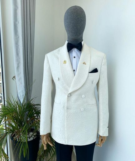 A “Classic” ivory white double breasted floral jacquard shawl lapel blazer suit