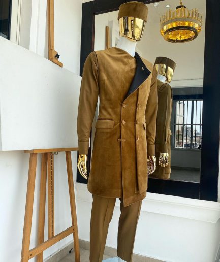 A monochrome light brown Greek military jacket, senator kaftan and sokoto from “Ayeye” Ijade 20/21 “Balogun”