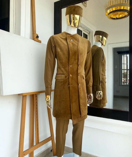 A monochrome light brown Greek military jacket, senator kaftan and sokoto from “Ayeye” Ijade 20/21 “Balogun”