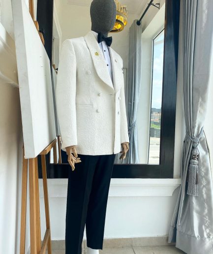 A “Classic” ivory white double breasted floral jacquard shawl lapel blazer suit