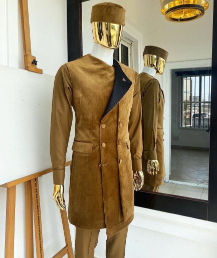 A monochrome light brown Greek military jacket, senator kaftan and sokoto from “Ayeye” Ijade 20/21 “Balogun”