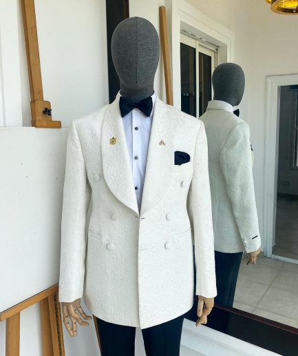 A “Classic” ivory white double breasted floral jacquard shawl lapel blazer suit