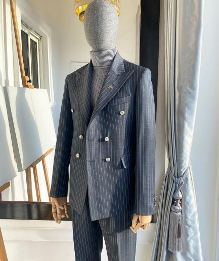 A Classic Peak Lapel Grey Pin Stripe Double Breasted Suit