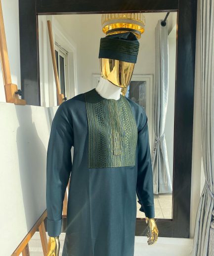 The “Chadian” front embroidery army green senator traditional kaftan with a matching design hat.
